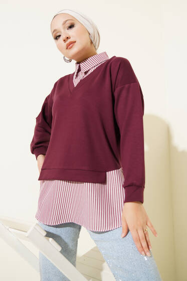 Gömlek Yakalı Granili Tunik Bordo Çizgili - Tunik