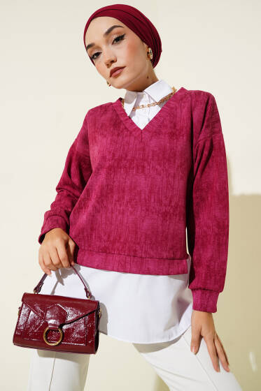 Gömlek Yakalı Granili Tunik Bordo - Tunik
