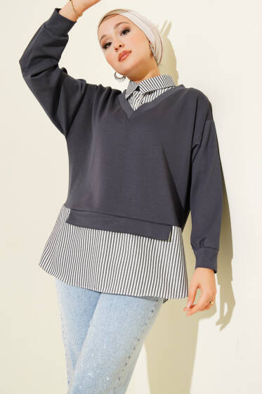 Gömlek Yakalı Granili Tunik Füme Çizgili - Tunik