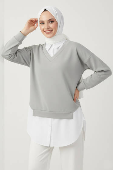 Gömlek Yakalı Granili Tunik Gri - Tunik