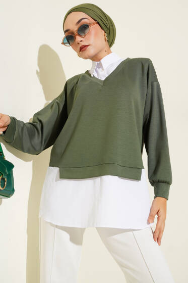 Gömlek Yakalı Granili Tunik Haki - Tunik