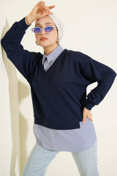 Gömlek Yakalı Granili Tunik Lacivert Çizgili - Tunik