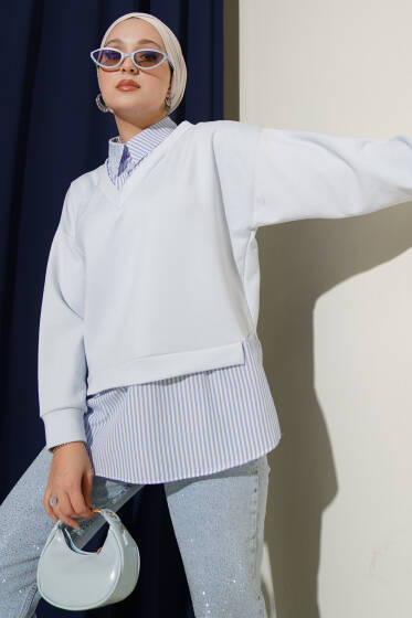 Gömlek Yakalı Granili Tunik Mavi Çizgili - Tunik