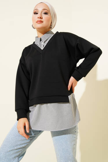 Gömlek Yakalı Granili Tunik Siyah Çizgili - Tunik