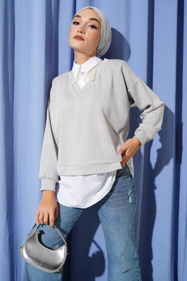 Gömlek Yakalı Granili Tunik Taş - Tunik