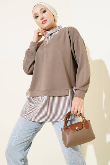 Gömlek Yakalı Granili Tunik Vizon Çizgili - Tunik