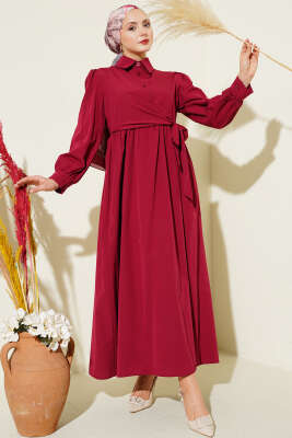 Gömlek Yakalı Yan Bağlamalı Elbise Bordo - CNR TEKSTİL