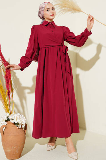 Gömlek Yakalı Yan Bağlamalı Elbise Bordo - Elbise