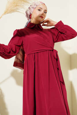 Gömlek Yakalı Yan Bağlamalı Elbise Bordo - Elbise