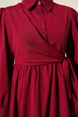 Gömlek Yakalı Yan Bağlamalı Elbise Bordo - Elbise