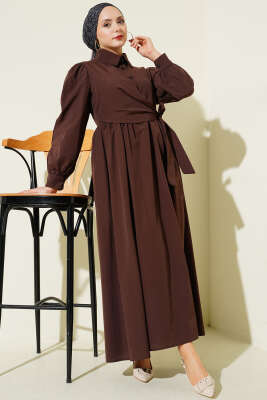 Gömlek Yakalı Yan Bağlamalı Elbise Kahve - CNR TEKSTİL