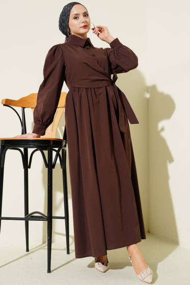 Gömlek Yakalı Yan Bağlamalı Elbise Kahve - Elbise