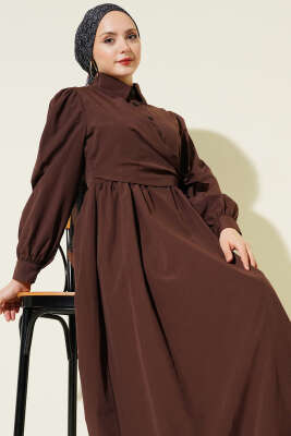 Gömlek Yakalı Yan Bağlamalı Elbise Kahve - Elbise