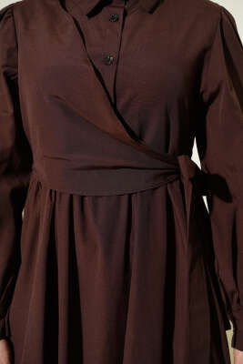 Gömlek Yakalı Yan Bağlamalı Elbise Kahve - Elbise