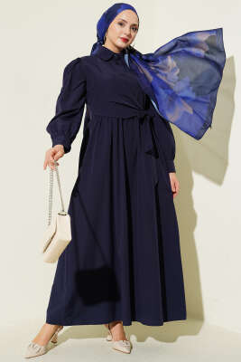 Gömlek Yakalı Yan Bağlamalı Elbise Lacivert - CNR TEKSTİL