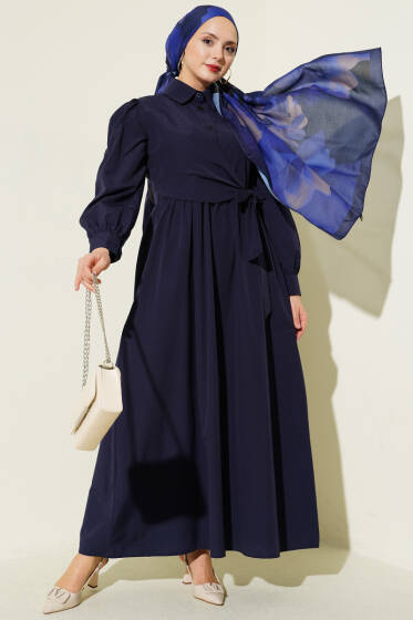 Gömlek Yakalı Yan Bağlamalı Elbise Lacivert - Elbise