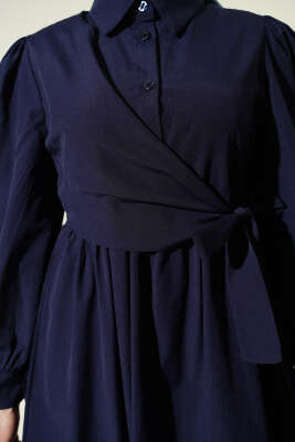 Gömlek Yakalı Yan Bağlamalı Elbise Lacivert - Elbise