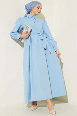Gömlek Yakalı Yan Bağlamalı Elbise Mavi - CNR TEKSTİL