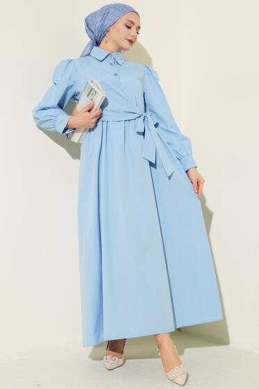 Gömlek Yakalı Yan Bağlamalı Elbise Mavi - Elbise