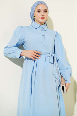 Gömlek Yakalı Yan Bağlamalı Elbise Mavi - Elbise