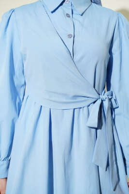 Gömlek Yakalı Yan Bağlamalı Elbise Mavi - Elbise