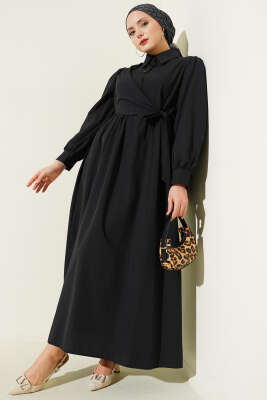 Gömlek Yakalı Yan Bağlamalı Elbise Siyah - CNR TEKSTİL