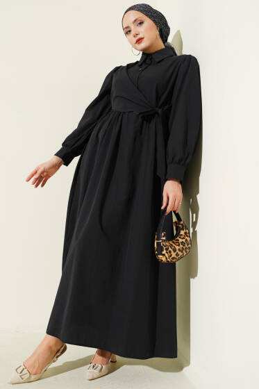 Gömlek Yakalı Yan Bağlamalı Elbise Siyah - Elbise