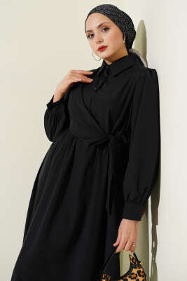Gömlek Yakalı Yan Bağlamalı Elbise Siyah - Elbise