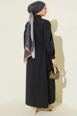 Gömlek Yakalı Yan Bağlamalı Elbise Siyah - Elbise