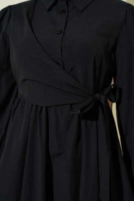 Gömlek Yakalı Yan Bağlamalı Elbise Siyah - Elbise