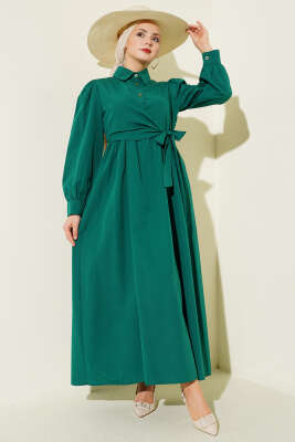Gömlek Yakalı Yan Bağlamalı Elbise Zümrüt - CNR TEKSTİL