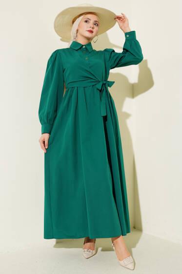 Gömlek Yakalı Yan Bağlamalı Elbise Zümrüt - Elbise