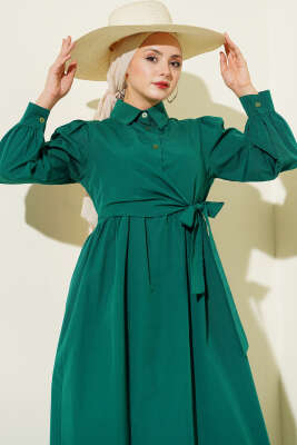 Gömlek Yakalı Yan Bağlamalı Elbise Zümrüt - Elbise