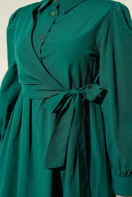 Gömlek Yakalı Yan Bağlamalı Elbise Zümrüt - Elbise
