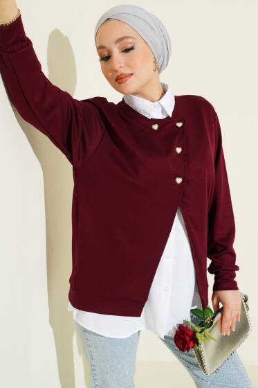 Gömlekli Düğmeli Hırka İkili Takım Bordo - Hırka