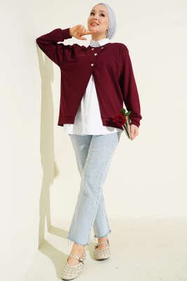 Gömlekli Düğmeli Hırka İkili Takım Bordo - Hırka