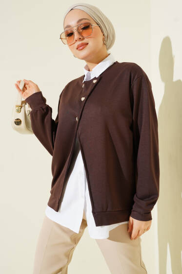 Gömlekli Düğmeli Hırka İkili Takım Kahve - Hırka