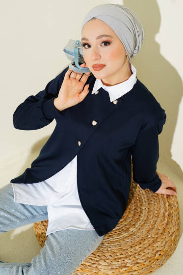 Gömlekli Düğmeli Hırka İkili Takım Lacivert - Hırka