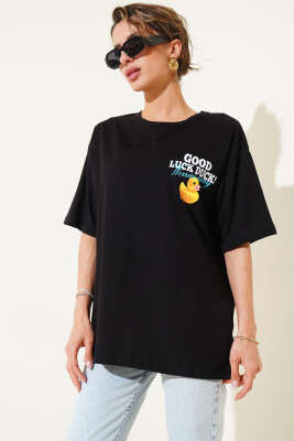 Good Luck Duck Baskılı T-shirt Siyah - Kadın Giyim Modelleri