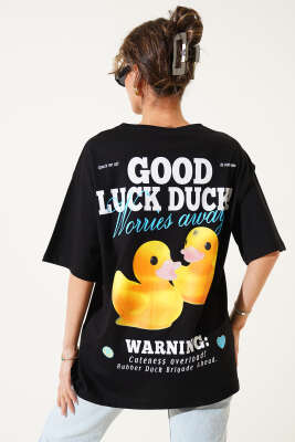 Good Luck Duck Baskılı T-shirt Siyah - Kadın Giyim Modelleri