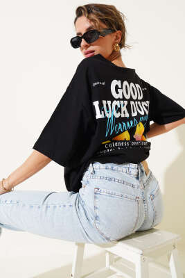 Good Luck Duck Baskılı T-shirt Siyah 