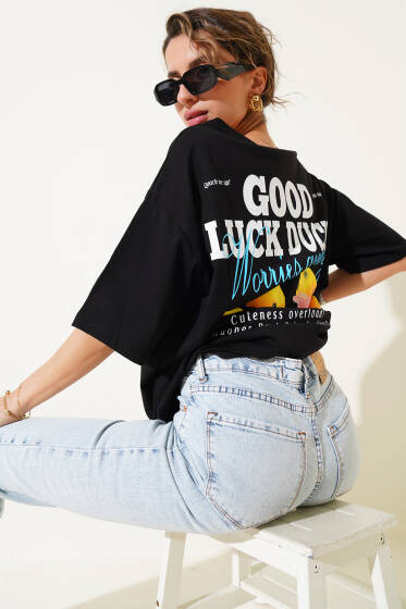 Good Luck Duck Baskılı T-shirt Siyah - Kadın Giyim Modelleri