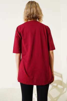 Göz Baskılı T-shirt Bordo - Kadın Giyim Modelleri