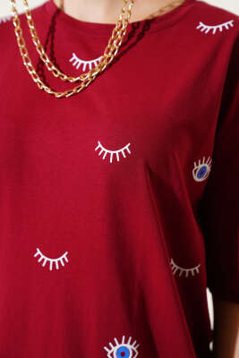 Göz Baskılı T-shirt Bordo - Kadın Giyim Modelleri