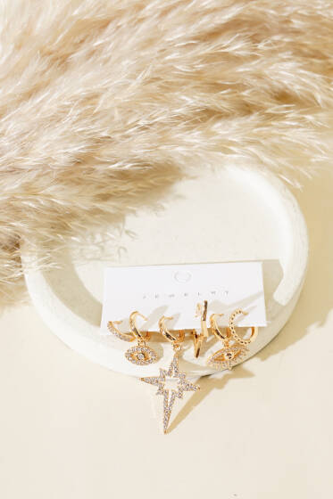 Göz Figürlü Taşlı Küpe Set Gold - Küpe