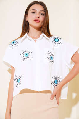 Göz Nakışlı Cepli Gömlek Ekru - Kadın Giyim Modelleri