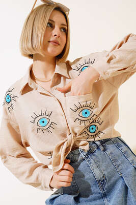 Göz Nakışlı Gömlek Bej - Kadın Giyim Modelleri