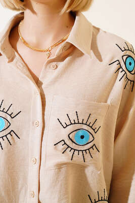 Göz Nakışlı Gömlek Bej - Kadın Giyim Modelleri
