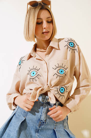 Göz Nakışlı Gömlek Bej - Yeni Giyim