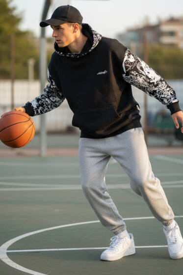 Grafiti Baskılı Kapüşonlu Erkek Sweatshirt Siyah - Erkek Sweatshirt